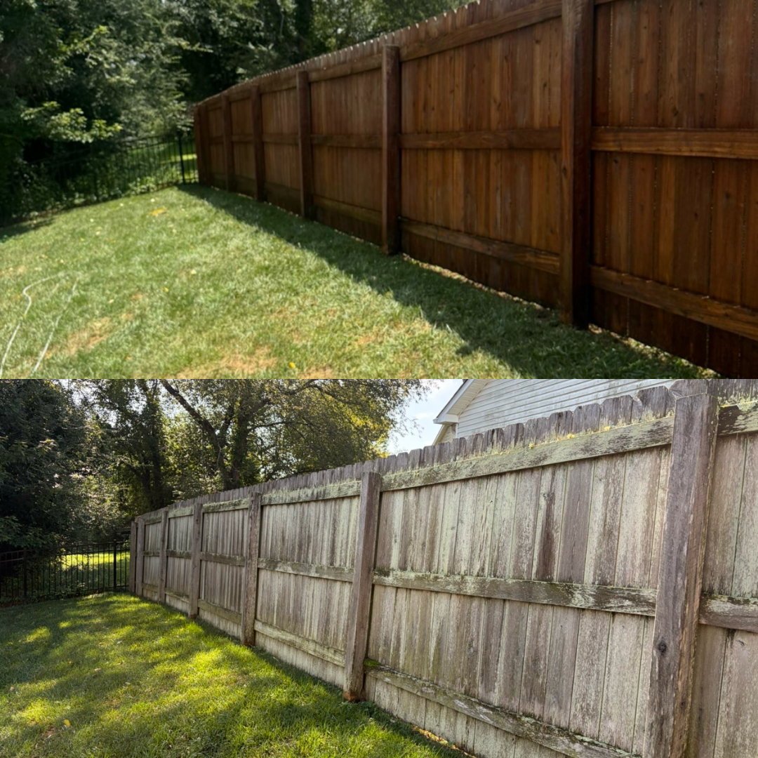 Soft washed fence before and after